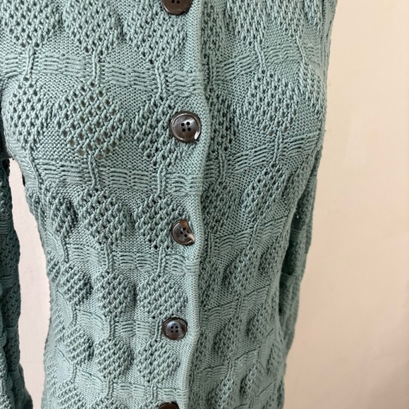 Bloomingdale’s 100% Wool Teal Sweater Long Cardigan Buttons Sz PS Chunky Knit - Picture 3 of 13